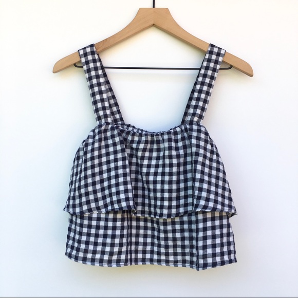 Madewell Tops - Madewell Blue Gingham Tiered Crop Top Size Small